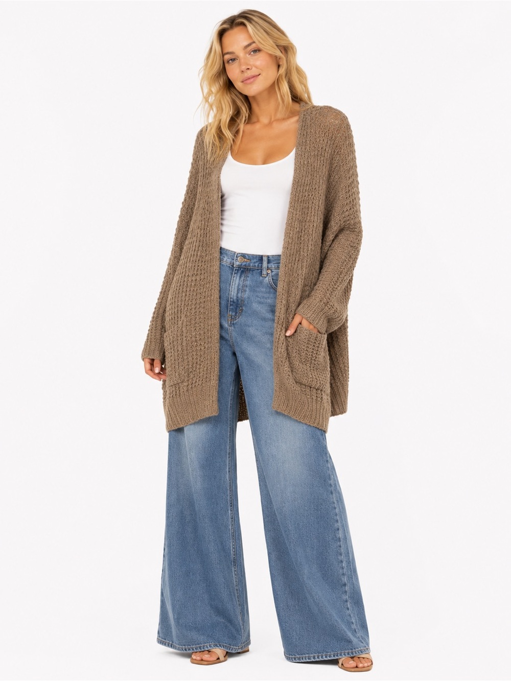 Free People Size Medium Cozy Open-Front Taupe Knit Cardigan Sweater